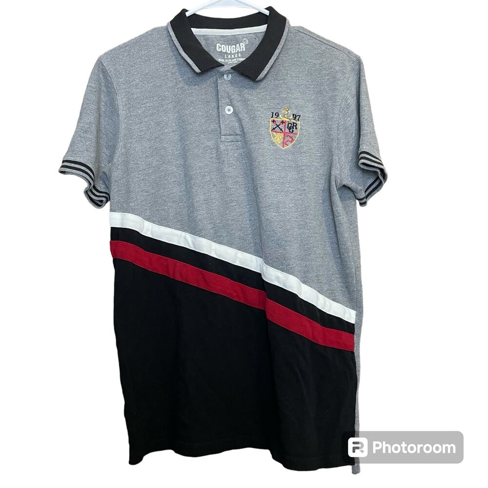 Cougar‎ Color Block Golf Polo Shirt Size Large Gray Black White Cotton Blend